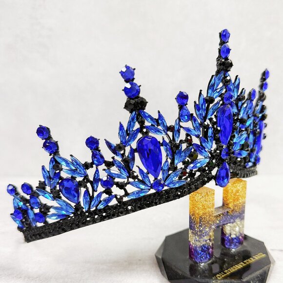 Black blue Tiara, Gothic Wedding Headpiece, Black Queen Tiara, Costume Tiara main image 8
